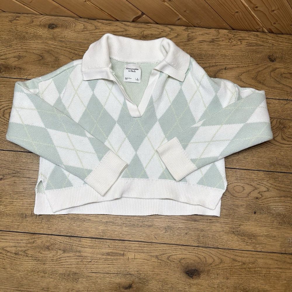 Abercrombie & Fitch Polo Shirt Women's Green White Argyle Rugby Crop Small Y2K